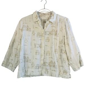 Christopher & Banks Linen Blend Button Shirt Scenic Print Village Houses Coastal